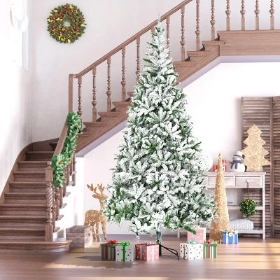 HOMCOM 9' Tall Unlit Snow Flocked Pine Artificial Christmas Tree with Realistic Branches, Green 3 HOMCOM 9' Tall Unlit Snow Flocked Pine Artificial Christmas Tree with Realistic Branches, Green
