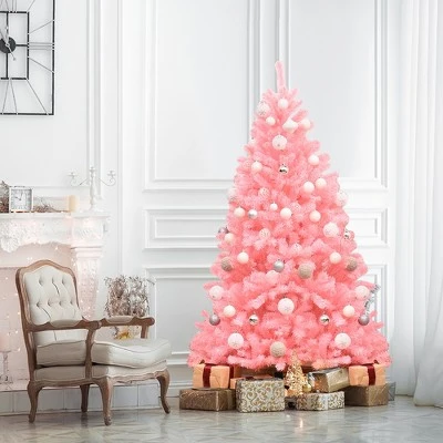 Costway 6Ft Hinged Artificial Christmas Tree Full Fir Tree New PVC w/ Metal Stand Pink 3 Costway 6Ft Hinged Artificial Christmas Tree Full Fir Tree New PVC w/ Metal Stand Pink