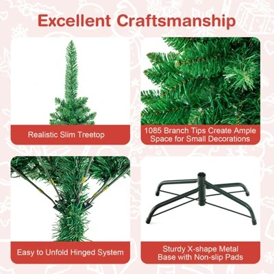 Tangkula 7.5ft Pencil Christmas Tree Pre-Lit Hinged Artificial Decoration w/ 350 Warm White Lights 4 Tangkula 7.5ft Pencil Christmas Tree Pre-Lit Hinged Artificial Decoration w/ 350 Warm White Lights - Image 2