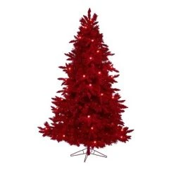 Nearly Natural 7' Red Flocked Fraser Fir Prelit Red Lights Artificial Christmas Tree