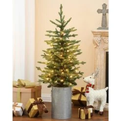 LuxenHome 4ft Pre-Lit LED Artificial Fir Slim Christmas Tree Christmas Decoration with Metal Pot