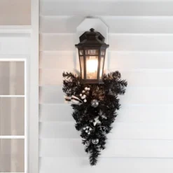 Northlight 20" Pre-lit Decorated Black Pine Artificial Teardrop Christmas Swag, Warm White LED Lights