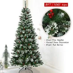 Costway 8 ft Snow Flocked Artificial Christmas Hinged Tree w/ Pine Needles & Red Berries -Outlet Xmas Decor Tree Store GUEST 579d26e7 d2a9 42f1 9366 be7863fec5f4