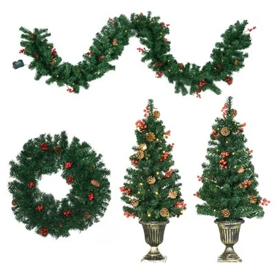 HOMCOM Prelit Holiday Christmas 4-Piece Set, Garland Wreath and Set of 2 Entrance Trees with Warm White LED Lights, Red Berries, Pine Cones, Green 5 HOMCOM Prelit Holiday Christmas 4-Piece Set, Garland Wreath and Set of 2 Entrance Trees with Warm White LED Lights, Red Berries, Pine Cones, Green - Image 3