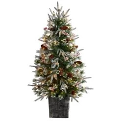 Nearly Natural 4' Frosted Prelit LED Artificial Christmas Tree with Berries in Decorative Planter