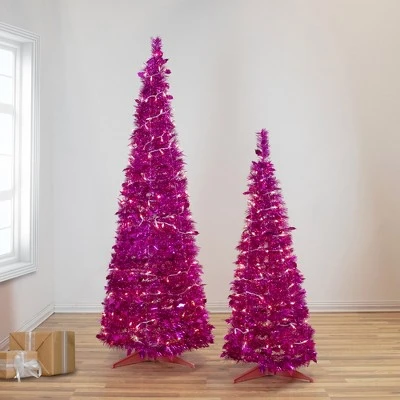 Northlight 6' Pre-Lit Pink Tinsel Pop-Up Artificial Christmas Tree, Clear Lights 3 Northlight 6' Pre-Lit Pink Tinsel Pop-Up Artificial Christmas Tree, Clear Lights