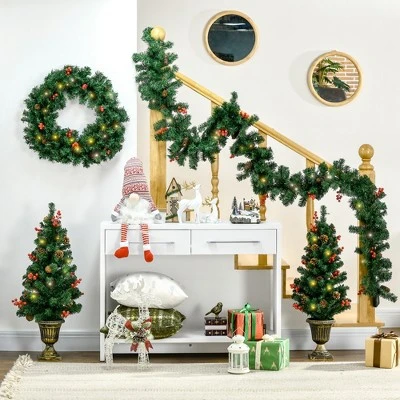 HOMCOM Prelit Holiday Christmas 4-Piece Set, Garland Wreath and Set of 2 Entrance Trees with Warm White LED Lights, Red Berries, Pine Cones, Green 3 HOMCOM Prelit Holiday Christmas 4-Piece Set, Garland Wreath and Set of 2 Entrance Trees with Warm White LED Lights, Red Berries, Pine Cones, Green
