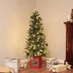 LuxenHome 5Ft Pre-Lit LED Artificial Slim Pine Christmas Tree with Pine Cones, Berries, and Red Wood Planter -Outlet Xmas Decor Tree Store GUEST 5fb363a3 5c93 472b 8a99 6d636eff294a