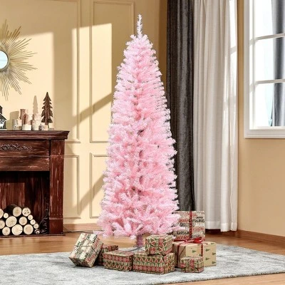 HOMCOM Tall Unlit Slim Douglas Fir Artificial Christmas Tree with Realistic Branches with Tips, Pink 3 HOMCOM Tall Unlit Slim Douglas Fir Artificial Christmas Tree with Realistic Branches with Tips, Pink