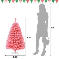 Costway 4.5ft Snow Flocked Hinged Artificial Christmas Tree w/ Metal Stand Pink -Outlet Xmas Decor Tree Store GUEST 60fadeac a68b 47f5 9932 38d5069349a1
