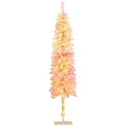 HOMCOM Pencil Prelit Artificial Christmas Tree Holiday Decoration with Snow Flocked Branches, Warm White LED Lights, Downswept Shape, Pink -Outlet Xmas Decor Tree Store GUEST 64c2a723 69bc 4168 b51f d09f332610a0