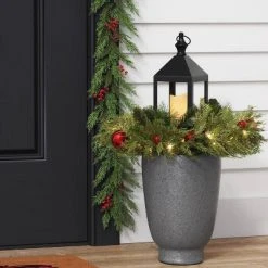 16" Pre-lit LED Decorated Mixed Greenery Christmas Artificial Pot Filler with Lantern and Candle Warm White Lights - Wondershop™