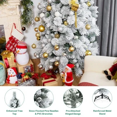 Costway 5ft/6ft/7ft Snow Flocked Hinged Artificial Slim Christmas Tree with Pine Needles 10 Costway 5ft/6ft/7ft Snow Flocked Hinged Artificial Slim Christmas Tree with Pine Needles - Image 8
