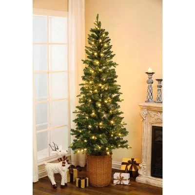LuxenHome 6.5ft Pre-Lit LED Artificial Slim Fir Christmas Tree with Pot 3 LuxenHome 6.5ft Pre-Lit LED Artificial Slim Fir Christmas Tree with Pot