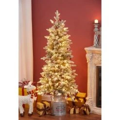 LuxenHome 5ft Pre-Lit LED Artificial Flocked Slim Fir Christmas Tree with Metal Pot and Red Holly Berries