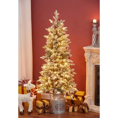 LuxenHome 5ft Pre-Lit LED Artificial Flocked Slim Fir Christmas Tree with Metal Pot and Red Holly Berries 3 LuxenHome 5ft Pre-Lit LED Artificial Flocked Slim Fir Christmas Tree with Metal Pot and Red Holly Berries