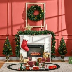HOMCOM Prelit Holiday Christmas 4-Piece Set, Garland Wreath and Set of 2 Entrance Trees with Warm White LED Lights, Red Berries, Pine Cones, Green 8 HOMCOM Prelit Holiday Christmas 4-Piece Set, Garland Wreath and Set of 2 Entrance Trees with Warm White LED Lights, Red Berries, Pine Cones, Green -Outlet Xmas Decor Tree Store GUEST 70ae1ef0 d3f2 4152 bd03 4a74ac278566