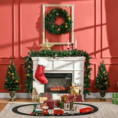 HOMCOM Prelit Holiday Christmas 4-Piece Set, Garland Wreath and Set of 2 Entrance Trees with Warm White LED Lights, Red Berries, Pine Cones, Green 4 HOMCOM Prelit Holiday Christmas 4-Piece Set, Garland Wreath and Set of 2 Entrance Trees with Warm White LED Lights, Red Berries, Pine Cones, Green - Image 2