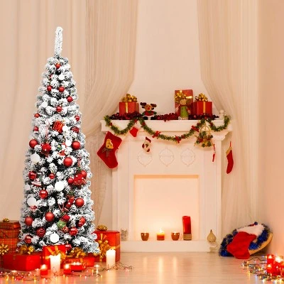 Tangkula Pencil Artificial Christmas Tree Snow Flocked Pencil Tree with Flexible Stand 3 Tangkula Pencil Artificial Christmas Tree Snow Flocked Pencil Tree with Flexible Stand