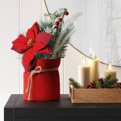 14" Flocked Mixed Greenery with Poinsettia Flower and Berries in Burlap Bag Christmas Artificial Plant Green/Red - Wondershop™
