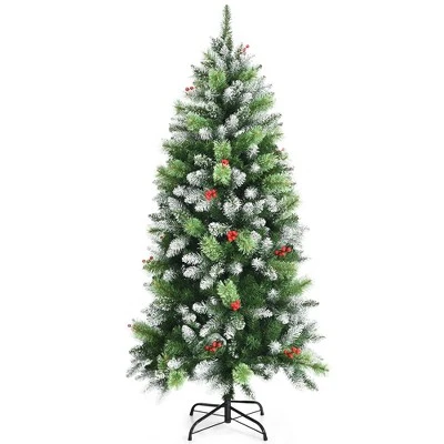 Costway 5ft6ft7.5ft Unlit Snowy Hinged Artificial Christmas Pencil Tree w/ Red Berries 14 Costway 5ft6ft7.5ft Unlit Snowy Hinged Artificial Christmas Pencil Tree w/ Red Berries - Image 12