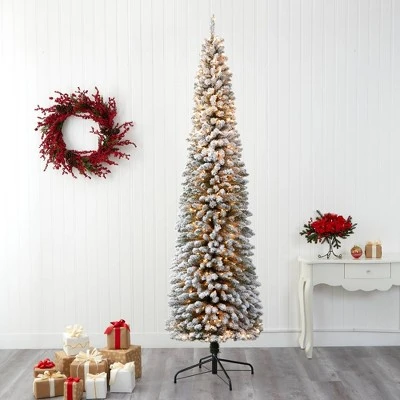 9ft Nearly Natural Pre-Lit Flocked Slim Artificial Christmas Tree Clear Lights 6 9ft Nearly Natural Pre-Lit Flocked Slim Artificial Christmas Tree Clear Lights - Image 4