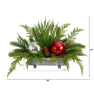 Nearly Natural 18-in Holiday Winter Cedar Pine Artificial Table Christmas Arrangement with Ornaments, Home Décor 3 Nearly Natural 18-in Holiday Winter Cedar Pine Artificial Table Christmas Arrangement with Ornaments, Home Décor