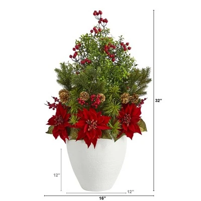 Nearly Natural 32-in Poinsettia, Boxwood and Succulent Artificial Arrangement in White Vase 3 Nearly Natural 32-in Poinsettia, Boxwood and Succulent Artificial Arrangement in White Vase
