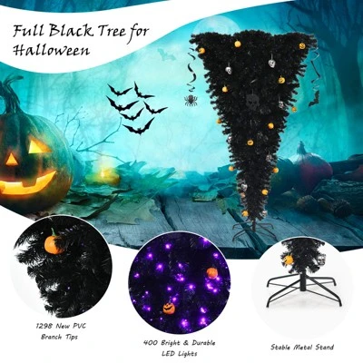 Tangkula Black Upside Down Artificial Christmas Tree Pre-lit Halloween Tree Faux-Pine Christmas Tree w/ Purple LED lights 4 Tangkula Black Upside Down Artificial Christmas Tree Pre-lit Halloween Tree Faux-Pine Christmas Tree w/ Purple LED lights - Image 2