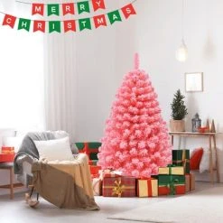 Costway 4.5ft Snow Flocked Hinged Artificial Christmas Tree w/ Metal Stand Pink -Outlet Xmas Decor Tree Store GUEST 88781e70 e394 465e 8cf3 e21f74b7a341
