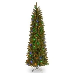 National Tree Company 6.5 ft Pre-Lit 'Feel Real' Artificial Slim Downswept Christmas Tree, Green, Douglas Fir, Dual Color LED Lights, PowerConnect