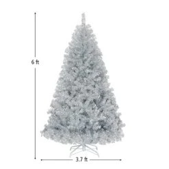 Costway 6Ft Hinged Unlit Artificial Silver Tinsel Christmas Tree Holiday w/Metal Stand