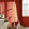 HOMCOM Pencil Prelit Artificial Christmas Tree Holiday Decoration with Snow Flocked Branches, Warm White LED Lights, Downswept Shape, Pink