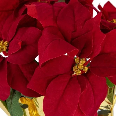 Northlight 16" Red Artificial Christmas Poinsettia Arrangement with Gold Wrapped Pot 4 Northlight 16" Red Artificial Christmas Poinsettia Arrangement with Gold Wrapped Pot - Image 3