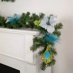 Northlight 6' x 9" Unlit Blue/Silver Peacock and Poinsettia Artificial Christmas Garland