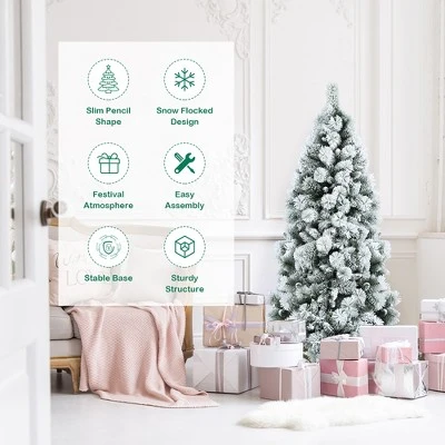 Costway 5ft/6ft/7ft Snow Flocked Hinged Artificial Slim Christmas Tree with Pine Needles 8 Costway 5ft/6ft/7ft Snow Flocked Hinged Artificial Slim Christmas Tree with Pine Needles - Image 6