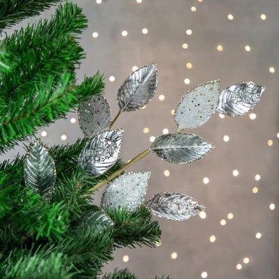 Northlight 28" Platinum Silver and Icy Glitter Leaves Christmas Spray 3 Northlight 28" Platinum Silver and Icy Glitter Leaves Christmas Spray