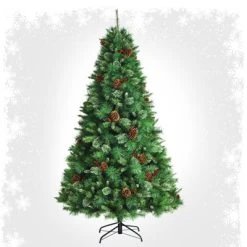Tangkula 7ft Pre-Decorated Holiday Christmas Tree Unlit Artificial Pine Tree w/ Red Berries