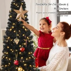 Tangkula Pre-lit Tree Hinged Artificial Pencil Tree w/ PVC Branch Tips & Warm White Lights -Outlet Xmas Decor Tree Store GUEST 91331e8f 4189 4f29 9dca e71bf9a76d5c