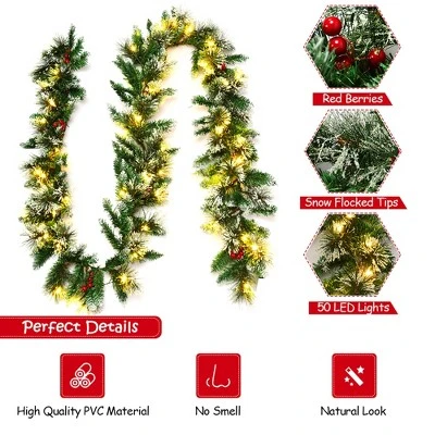 Costway 9ft Pre-lit Christmas Garland w/ Snow Flocked Tips Red Berries 50 Lights & Timer 7 Costway 9ft Pre-lit Christmas Garland w/ Snow Flocked Tips Red Berries 50 Lights & Timer - Image 5