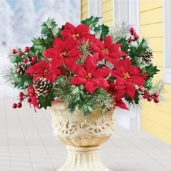 Collections Etc. Collections Etc Frosted Red Poinsettia and Holly Bushes - Set of 3 10 X 10 X 13