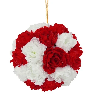 National Tree Company 12" Red and White Peony Hanging Ball 3 National Tree Company 12" Red and White Peony Hanging Ball