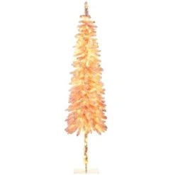 HOMCOM Pencil Prelit Artificial Christmas Tree Holiday Decoration with Snow Flocked Branches, Warm White LED Lights, Downswept Shape, Pink -Outlet Xmas Decor Tree Store GUEST 95c60045 f262 473b a5ea 2ee47cb9f549