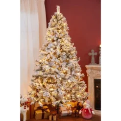 LuxenHome 7ft Pre-Lit LED Artificial Flocked Full Spruce Christmas Tree -Outlet Xmas Decor Tree Store GUEST 95d675c1 7ce5 4cff b69c 9b3881d44931