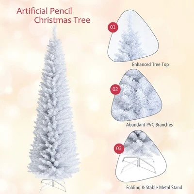 Costway 7ft Unlit Artificial Slim Christmas Pencil Tree w/ Metal Stand White 9 Costway 7ft Unlit Artificial Slim Christmas Pencil Tree w/ Metal Stand White - Image 7