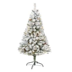 Nearly Natural 5' Flocked White River Mountain Pine Prelit LED Artificial Christmas Tree with Pinecones