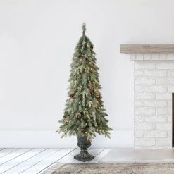 Home Heritage Entryway Potted Pine PVC Pre-Lit Artificial Christmas Tree with Warm White LED Lights and Potted Base