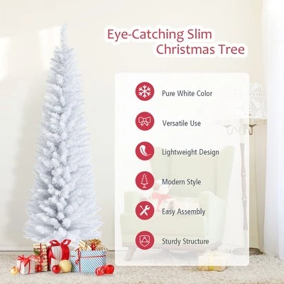 Costway 6ft Unlit Artificial Slim Pencil Christmas Tree with Metal Stand White 7 Costway 6ft Unlit Artificial Slim Pencil Christmas Tree with Metal Stand White - Image 5