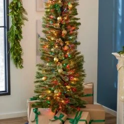 Home Heritage Pre-Lit Skinny Artificial Pine Christmas Tree with Lights and Foldable Stand