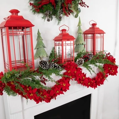Northlight 6' x 3" Red Artificial Poinsettia Floral Christmas Garland - Unlit 3 Northlight 6' x 3" Red Artificial Poinsettia Floral Christmas Garland - Unlit